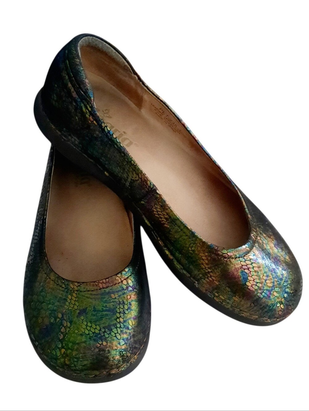 ALEGRIA Pet-238 Petal Thrones Leather Round Toe Flats Iridescent Snake Sz 7